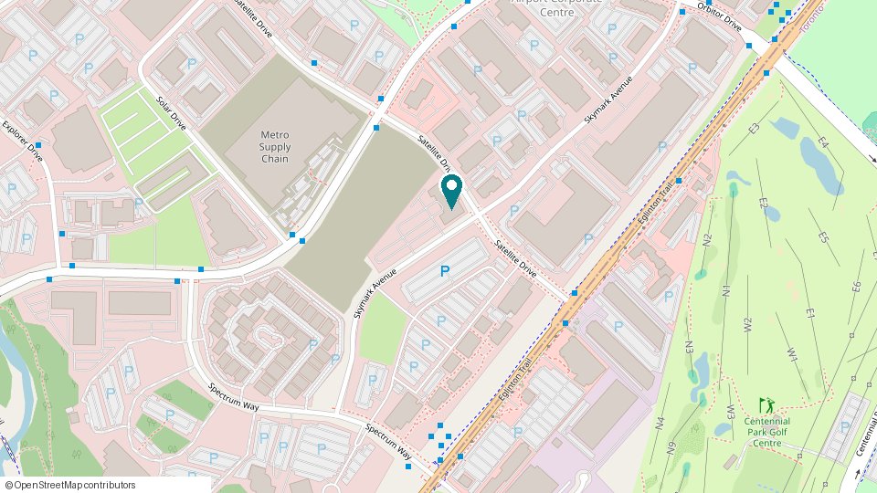 Map showing 5100 Satellite Drive at Satellite Drive and Skymark Avenue, just north of Eglinton Avenue East, Mississauga